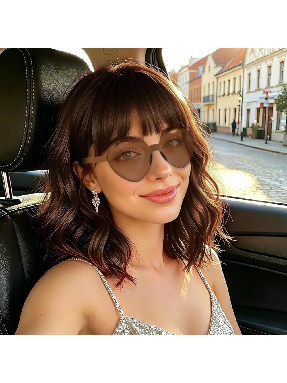 Women's Brown Curly Bob Synthetic Wigs Bangs With Neon Heart Sunglasses